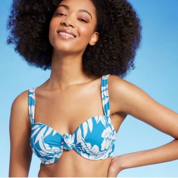 NWT Shade & Shore 32B Push-Up Knot Detail Blue Floral Bikini Top Tropical - Picture 1 of 7